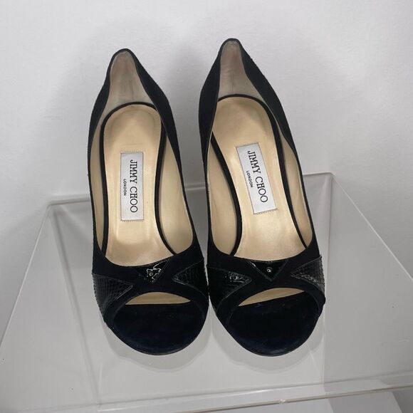 Jimmy Choo- Peep-toe Black Suede/Patent Pumps - Picture 1 of 5